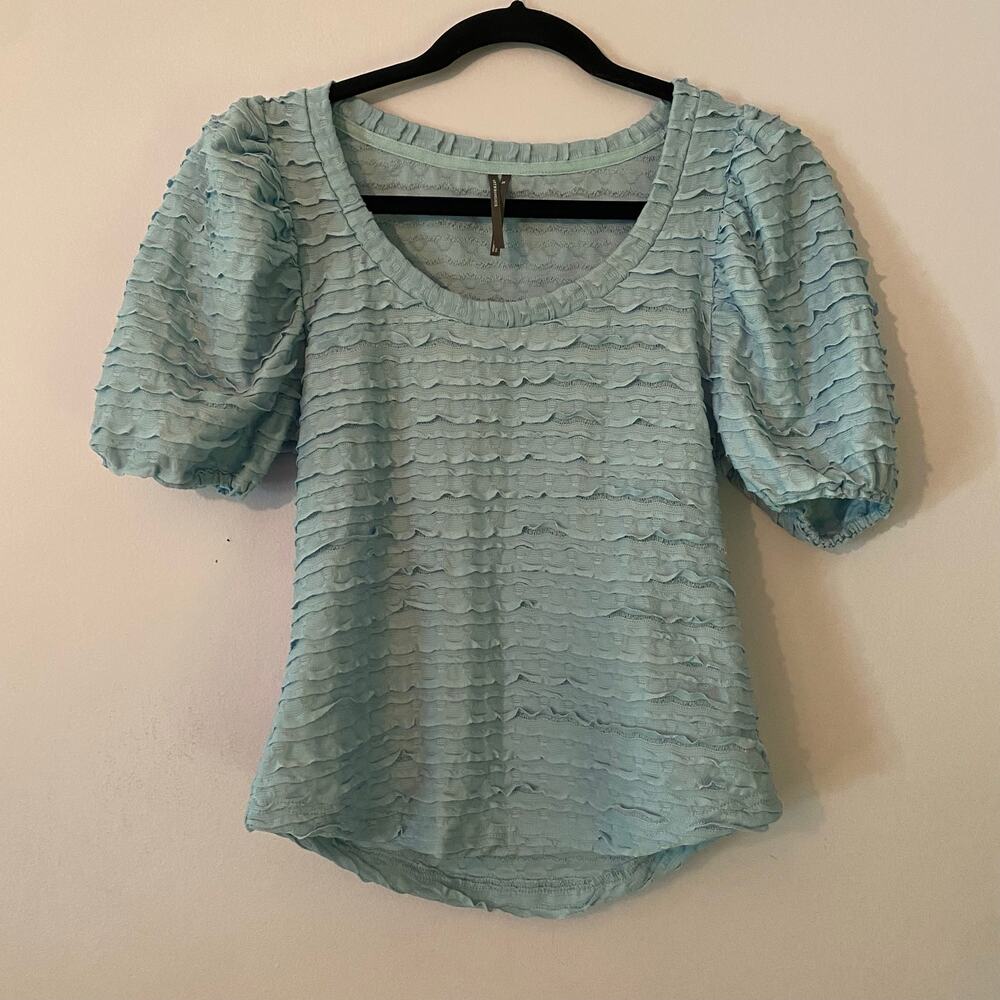 Anthropologie Blue Ruffle Puff Sleeve Blouse Bohemian Artsy Coquette Women's XS